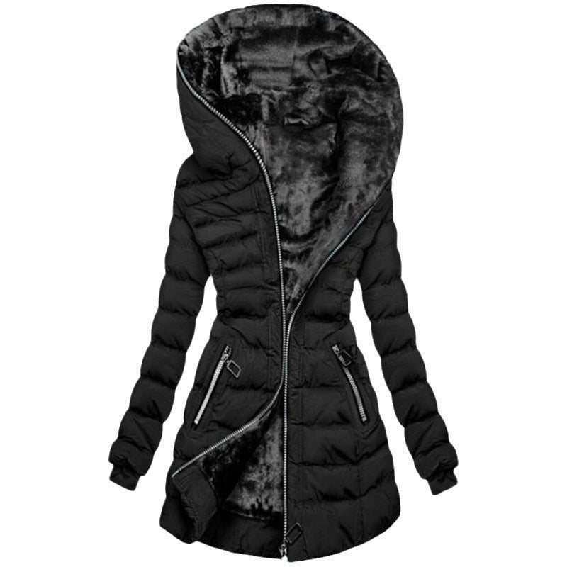Hooded Fleece Mid-length Padded Jacket