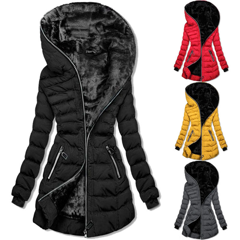Hooded Fleece Mid-length Padded Jacket
